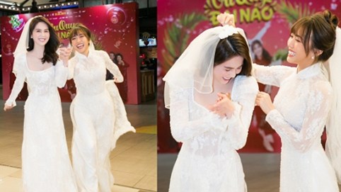 Bộ đôi gái ế Ngọc Trinh, Diệu Nhi mặc áo dài cô dâu, 