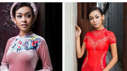 Cindy V duyên dáng, thướt tha diện áo dài đón Tết