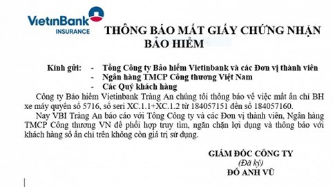 Công ty Bảo hiểm Vietinbank Tràng An thông báo về việc mất ấn chỉ bảo hiểm xe máy