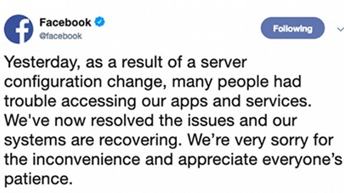 Facebook xác nhận sự cố do thay đổi cấu hình máy chủ
