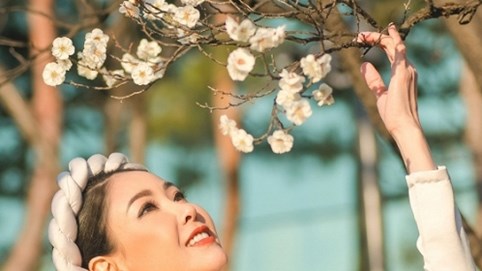 Hoa hậu Hà Kiều Anh dẫn con gái đi ngắm hoa anh đào xứ Hàn