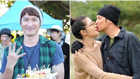 Huy Khánh tình tứ hôn vợ khi được tổ chức sinh nhật trên phim trường