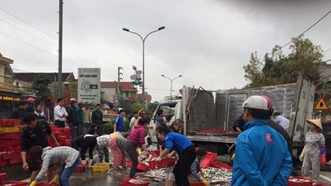Hà Tĩnh: Lật xe chở cá, người dân tận tình giúp tài xế thu gom