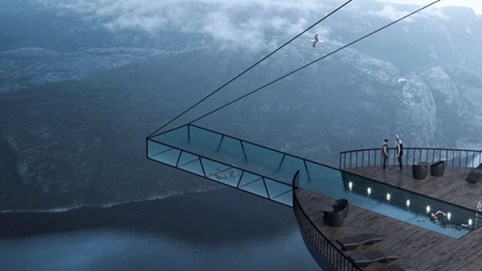 Khách sạn nằm cheo leo trên vách đá cao 600m, bể bơi kính trong suốt cố định dây cáp - bạn dám thử không?