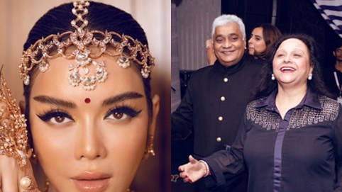 Lý Nhã Kỳ diện váy dát vàng, đeo trang sức kim cương dự sinh nhật cha nuôi là tỷ phú Ấn Độ.