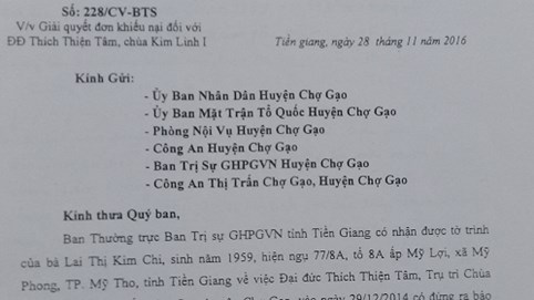 Tiền Giang: Uy tín, danh dự của Trụ trì chùa Kim Linh bị ảnh hưởng bởi một văn bản trái thẩm quyền