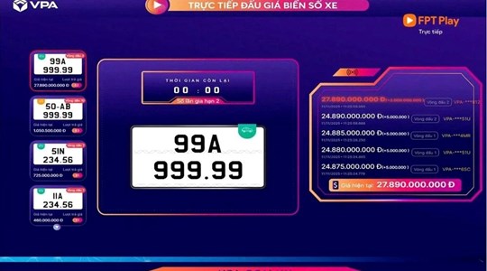 Biển số 99A-999.99 đấu giá lại, chốt 27,89 tỷ đồng, xe máy 50AB-999.99 vượt mốc 1 tỷ