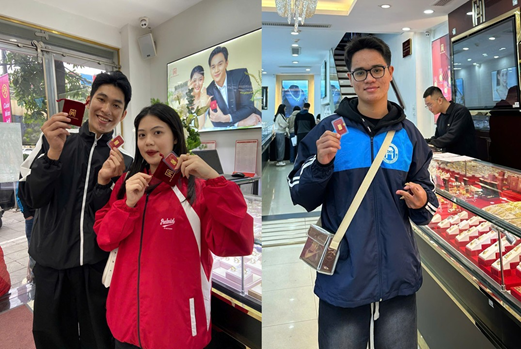 C&aacute;c bạn trẻ khoe mua th&agrave;nh c&ocirc;ng Tứ Qu&yacute; Thịnh Vượng 0,1 chỉ của Bảo T&iacute;n Mạnh Hải &nbsp;