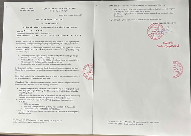 Doanh nghiệp đ&atilde; tiến h&agrave;nh lập Vi bằng hiện trạng v&agrave; gửi văn bản cảnh b&aacute;o ph&aacute;p l&yacute; tới từng đối t&aacute;c vi phạm.