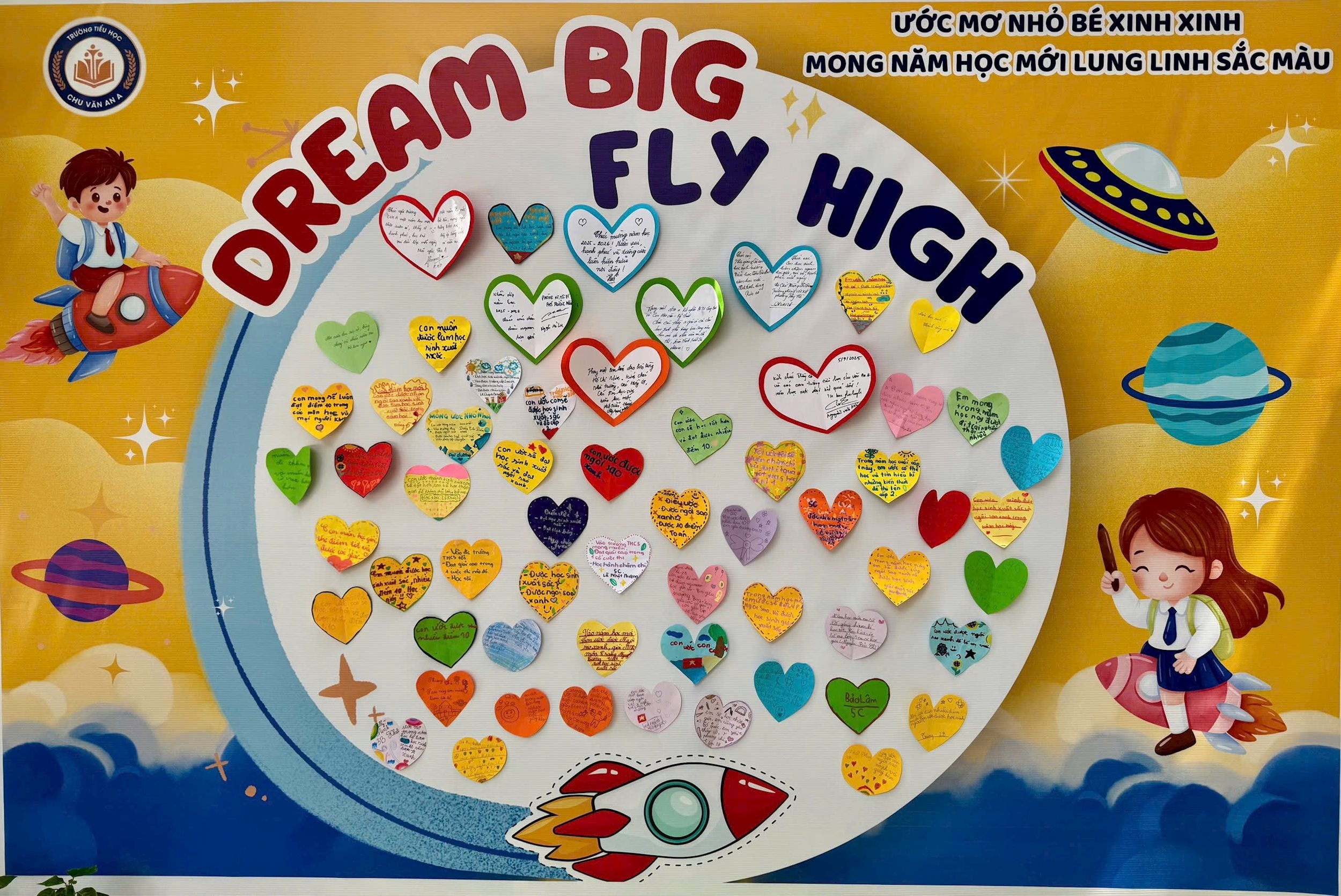 Bảng ‘Dream Big – Fly High’ ghi lại ước mơ và mục tiêu của học sinh. Bảng ‘Dream Big – Fly High’ ghi lại ước mơ và mục tiêu của học sinh.