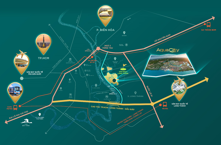 Vị trí kết nối của Aqua City với trung tâm TP.HCM và sân bay quốc tế Long Thành.