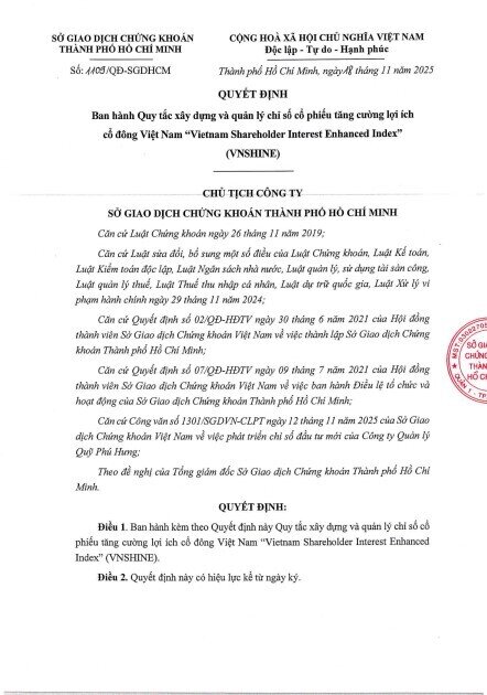 HOSE ra mắt chỉ số VNSHINE: Sân chơi cho nhóm cổ phiếu trả cổ tức tiền mặt đều đặn 3 năm - Ảnh 1
