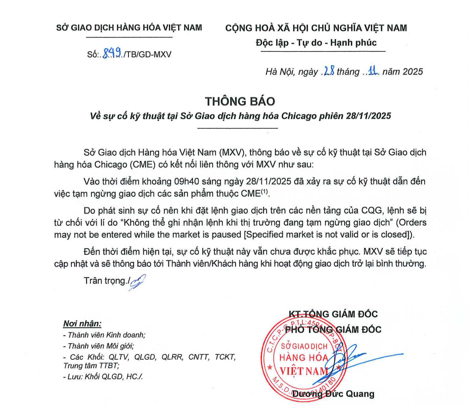 Thông tin chính thức từ Sở Giao dịch Hàng hóa Việt Nam về sự cố kỹ thuật tại Sở Giao dịch hàng hóa Chicago phiên ngày 28/11/2025.