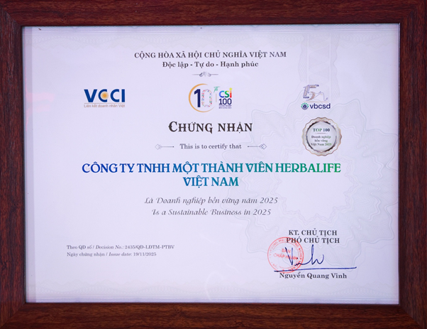 Herbalife Việt Nam được Liên đoàn Thương mại và Công nghiệp Việt Nam vinh danh Top 100 Doanh Nghiệp Bền Vững Việt Nam 2025 - Ảnh 1 Herbalife Việt Nam được Liên đoàn Thương mại và Công nghiệp Việt Nam vinh danh Top 100 Doanh Nghiệp Bền Vững Việt Nam 2025 - Ảnh 1