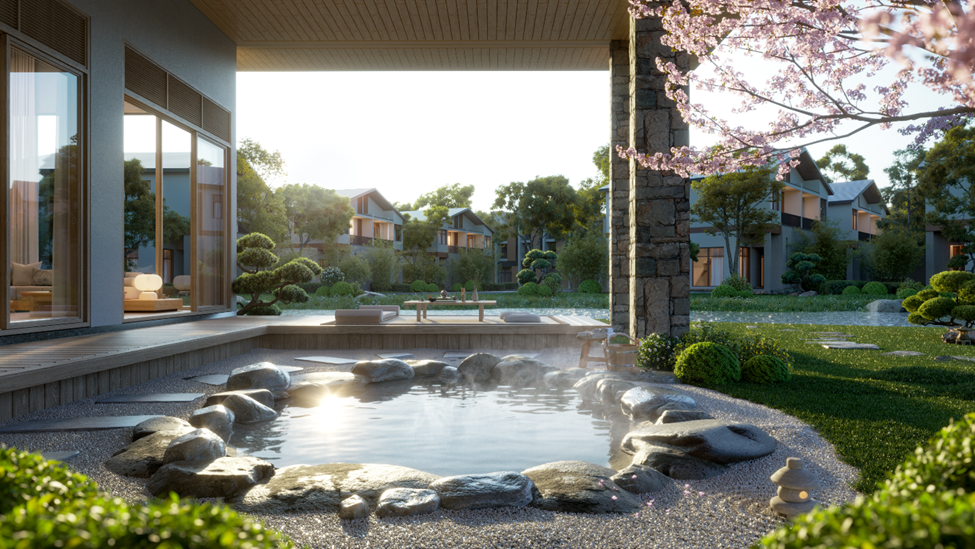 Bể kho&aacute;ng n&oacute;ng tại onsen dinh thự