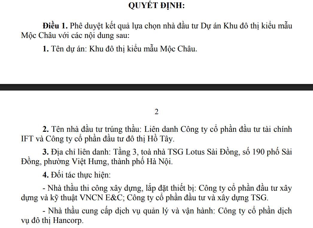 Quyết định lựa chọn nhà đầu tư Dự án Khu đô thị kiểu mẫu Mộc Châu. 