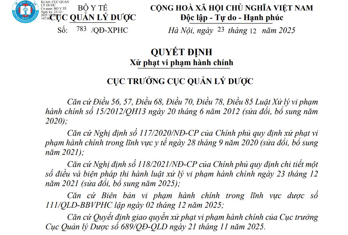Cục Quản l&yacute; Dược ban h&agrave;nh quyết định xử phạt Dược phẩm Đạt Vi Ph&uacute;.