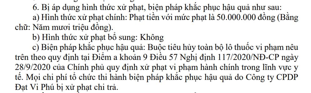 Dược phẩm Đạt Vi Ph&uacute; bị xử phạt h&agrave;nh ch&iacute;nh v&agrave; buộc thu hồi sản phẩm vi phạm.
