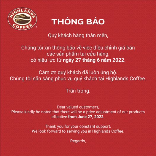 Chuỗi cà phê Highlands Coffee thông báo tăng giá đồ uống, có sản phẩm tăng tới 18% - Ảnh 1 Chuỗi cà phê Highlands Coffee thông báo tăng giá đồ uống, có sản phẩm tăng tới 18% - Ảnh 1