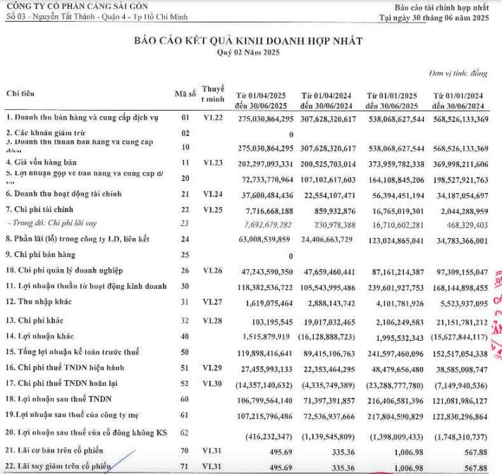 Cảng Sài Gòn (SGP) quý II/2025: doanh thu giảm, lợi nhuận sau thuế tăng gần 50% - Ảnh 1