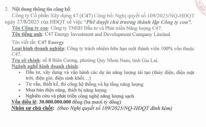Lợi nhuận bán niên tăng ấn tượng, Xây dựng 47 (C47) thành lập công ty năng lượng vốn 30 tỷ đồng - Ảnh 1 Lợi nhuận bán niên tăng ấn tượng, Xây dựng 47 (C47) thành lập công ty năng lượng vốn 30 tỷ đồng - Ảnh 1
