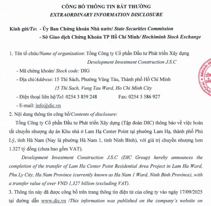 DIC Corp (DIG) dự thu 1.327  tỷ đồng từ chuyển nhượng dự án Khu nhà ở Lam Hạ Center Point - Ảnh 1