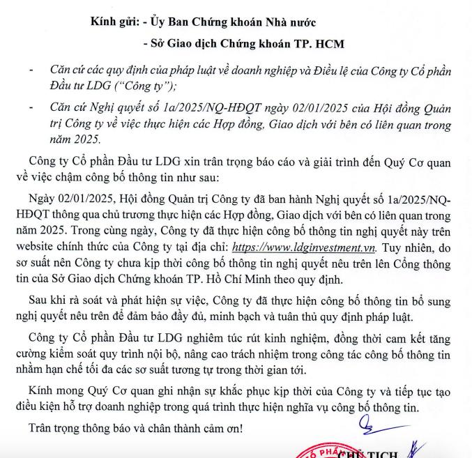 Đầu tư LDG (LDG) lên tiếng về việc chậm công bố thông tin hơn 8 tháng - Ảnh 1 Đầu tư LDG (LDG) lên tiếng về việc chậm công bố thông tin hơn 8 tháng - Ảnh 1