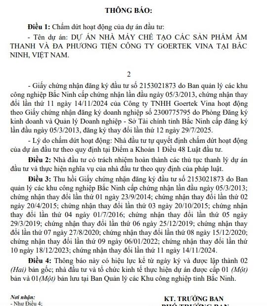 Dự án nhà máy chế tạo các sản phẩm âm thanh và đa phương tiện công ty Goertek Vina tại Bắc Ninh chấm dứt hoạt động - Ảnh 1