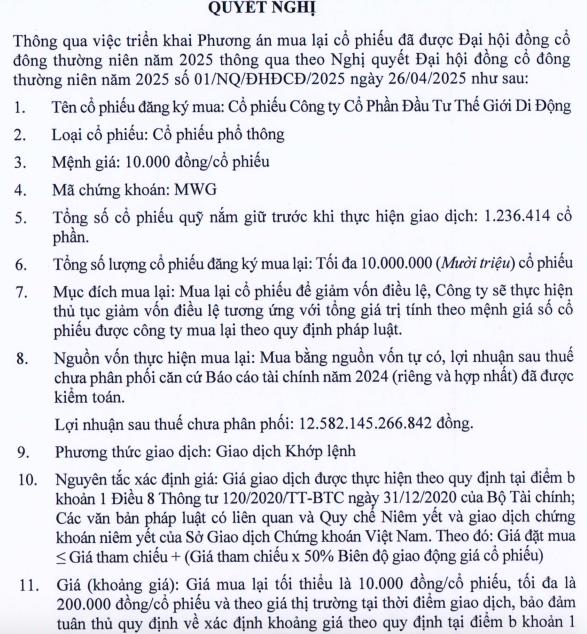 Đầu tư Thế Giới Di Động (MWG) nâng mức giá mua cổ phiếu quỹ lên tối đa 200.000 đồng - Ảnh 1 Đầu tư Thế Giới Di Động (MWG) nâng mức giá mua cổ phiếu quỹ lên tối đa 200.000 đồng - Ảnh 1