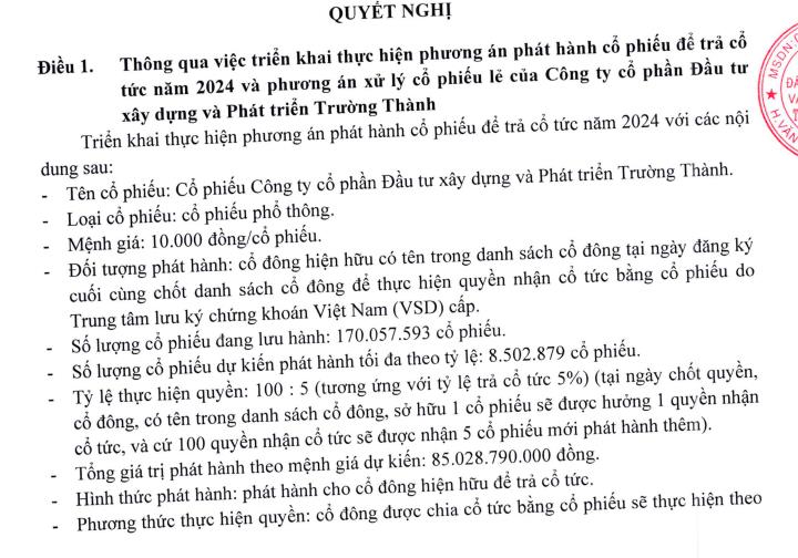 Trường Thành Group (TTA) sắp phát hành hơn 8,5 triệu cổ phiếu để trả cổ tức - Ảnh 1 Trường Thành Group (TTA) sắp phát hành hơn 8,5 triệu cổ phiếu để trả cổ tức - Ảnh 1