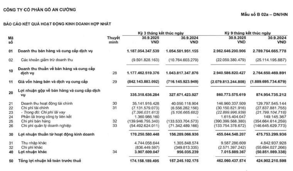 Gỗ An Cường (ACG) báo lãi sau thuế quý III/2025 đi lên, thực hiện được 80% kế hoạch năm - Ảnh 1 Gỗ An Cường (ACG) báo lãi sau thuế quý III/2025 đi lên, thực hiện được 80% kế hoạch năm - Ảnh 1