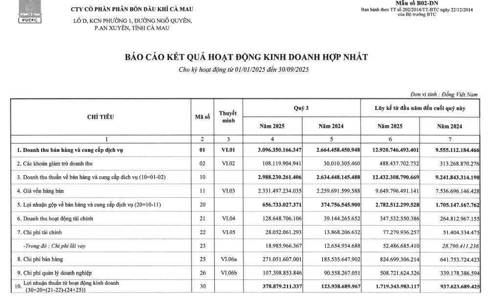 Đạm Cà Mau (DCM) báo lãi quý III/2025 tăng 2,7 lần cùng kỳ - Ảnh 1 Đạm Cà Mau (DCM) báo lãi quý III/2025 tăng 2,7 lần cùng kỳ - Ảnh 1