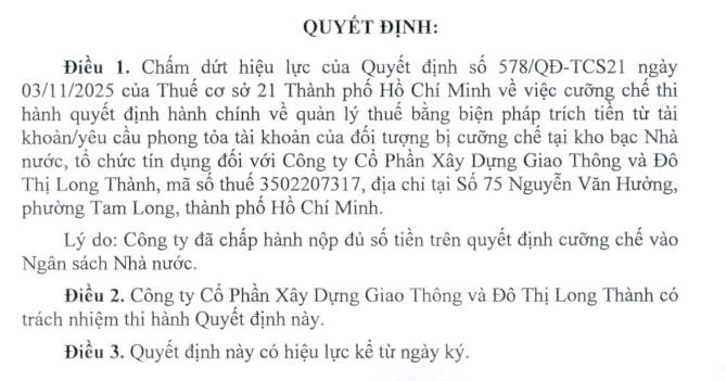Đã nộp đủ số tiền nợ, phạt thuế, Xây dựng Giao thông và Đô thị Long Thành được 'rút' quyết định cưỡng chế phong tỏa tài sản - Ảnh 1