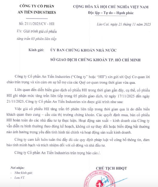Cổ phiếu HII của An Tiến Industries tăng trần 5 phiên, lãnh đạo của HII nói gì? - Ảnh 1
