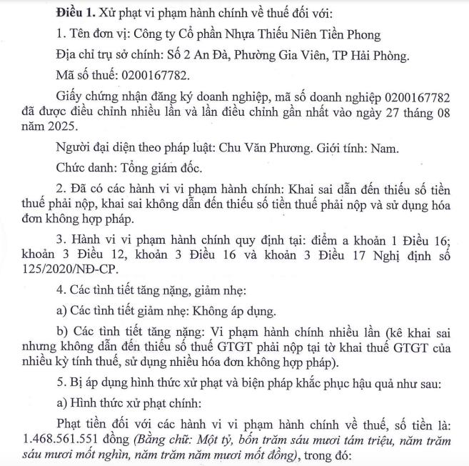 Vướng sai phạm, Nhựa Tiền Phong (NTP) bị phạt và truy thu thuế hơn 10,2 tỷ đồng - Ảnh 1
