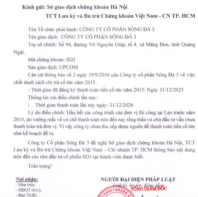 Công ty Sông Đà 3 (SD3) tiếp tục 'thất hứa' trả cổ tức năm 2015 - Ảnh 1