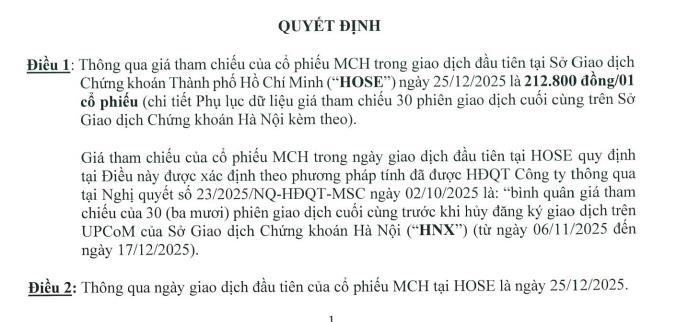 'Bom tấn' ngành tiêu dùng Masan Consumer (MCH) chốt ngày lên HOSE vào 25/12, giá tham chiếu 212.800 đồng/cổ phiếu - Ảnh 1
