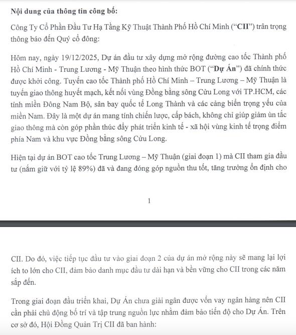 Đầu tư Hạ tầng Kỹ thuật TP Hồ Chí Minh (CII) tạm hoãn chia cổ tức để tập trung nguồn lực cho dự án cao tốc trọng điểm - Ảnh 1