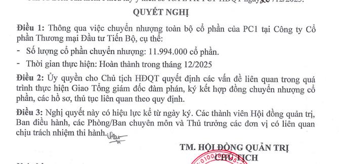 Tập đoàn PC1 (PC1) muốn chuyển nhượng gần 12 triệu cổ phiếu tại một công ty con - Ảnh 1