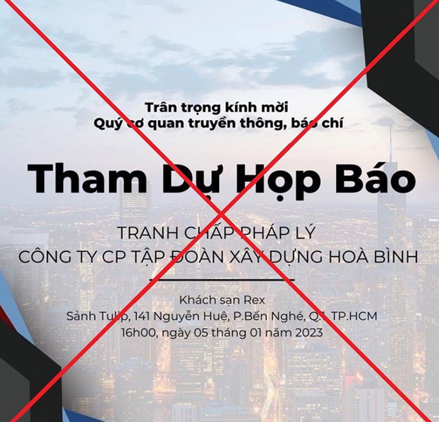 Th&ocirc;ng b&aacute;o tr&ecirc;n website của H&ograve;a B&igrave;nh b&aacute;c bỏ th&ocirc;ng tin doanh nghiệp n&agrave;y tổ chức họp b&aacute;o li&ecirc;n quan đến tranh chấp ph&aacute;p l&yacute; xảy ra tại doanh nghiệp. (Ảnh: HBC).