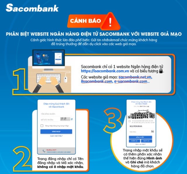 Sacombank cảnh b&aacute;o kh&aacute;ch h&agrave;ng về c&aacute;c website giả mạo ng&acirc;n h&agrave;ng. Ảnh:&nbsp;STB.