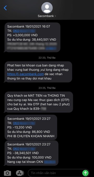 Tin nhắn giả mạo t&ecirc;n miền của ng&acirc;n h&agrave;ng chị Q nhận được từ ch&iacute;nh đầu số của Sacombank. Ảnh:&nbsp;NVCC.