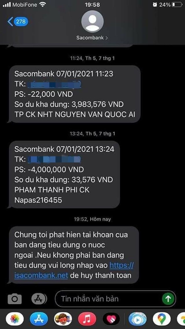 Tin nhắn giả mạo được xếp chung luồng tin với nội dung do Sacombank gửi