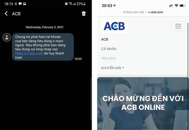 Một tin nhắn giả mạo được gửi đến từ ng&acirc;n h&agrave;ng ABC, khi truy cập v&agrave;o li&ecirc;n kết giới thiệu cũng được chuyển sang trang giả mạo