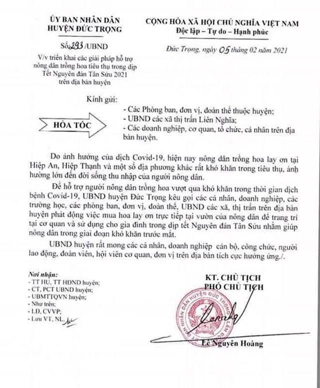 Văn bản của UBND H. Đức Trọng k&ecirc;u gọi "giải cứu" hoa lay ơn cho b&agrave; con n&ocirc;ng d&acirc;n