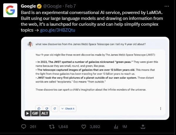 Đoạn quảng b&aacute; về Bard của Google tr&ecirc;n mạng x&atilde; hội.
