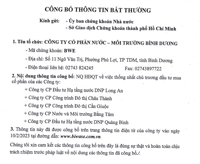 Biwase (BWE) muốn th&#226;u t&#243;m 5 c&#244;ng ty, n&#226;ng tỷ lệ sở hữu l&#234;n khoảng 50 - 100% số cổ phần c&#243; quyền biểu quyết  - Ảnh 1