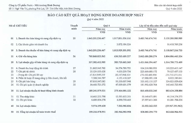 Kết quả kinh doanh qu&yacute; IV/2022 của BWE