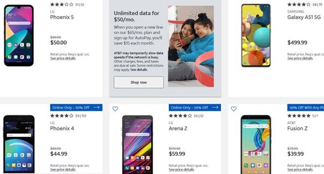 B&ecirc;n cạnh những sản phẩm của Samsung hay LG, AT&amp;T c&ograve;n b&aacute;n những mẫu m&aacute;y mang thương hiệu của m&igrave;nh ở gian h&agrave;ng điện thoại trả trước
