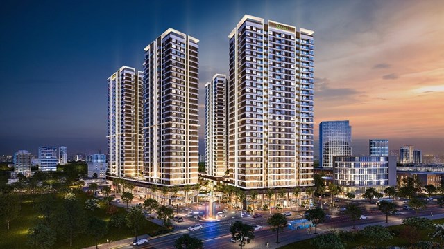 Phối cảnh dự kiến Akari City giai đoạn 2 g&ocirc;̀m 4 block c&ocirc;ng trình: 1 t&acirc;̀ng h&acirc;̀m, 29 t&acirc;̀ng cao g&ocirc;̀m kh&ocirc;́i t&acirc;̀ng ti&ecirc;̣n ích, dịch vụ thương mại và căn h&ocirc;̣ bi&ecirc;̣t l&acirc;̣p theo chu&acirc;̉n Flora Condominium.